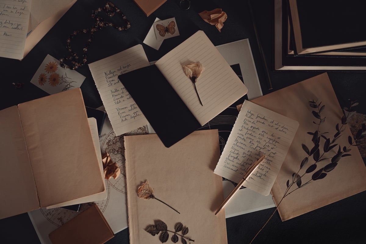 Dark academia aesthetic table flatlay with vintage items and books, writing, literature and poetry concept